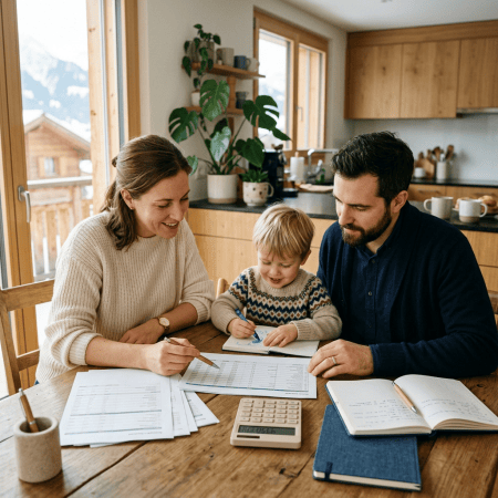 Family reviewing financial documents as a child draws at kitchen table