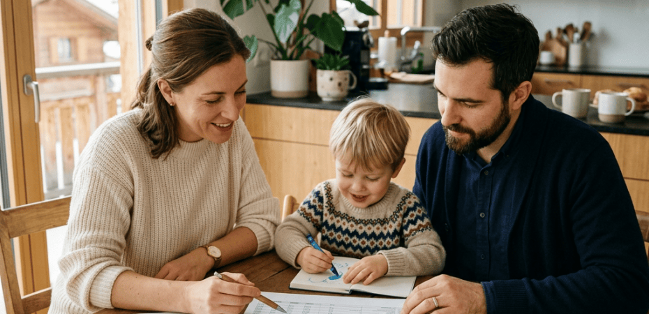 Family reviewing financial documents as a child draws at kitchen table